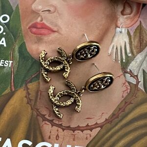 CC upcycled Gold Designer Logo Earrings